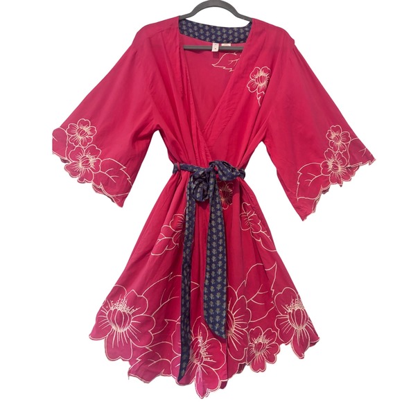 Anthropologie Other - Anthropologie Eloise Floral Embroidered Kimono Robe Dress M/L Pink Boho Lounge